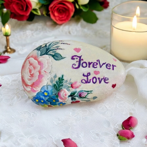 Painted LOVE river rock with rosy- peach roses, blue accent flowers, and hearts - Picture 17 of 17